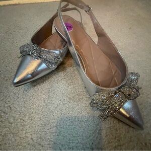 BCBGeneration Silver Rhinestone Bow Embellished Flats. S/8 1/2